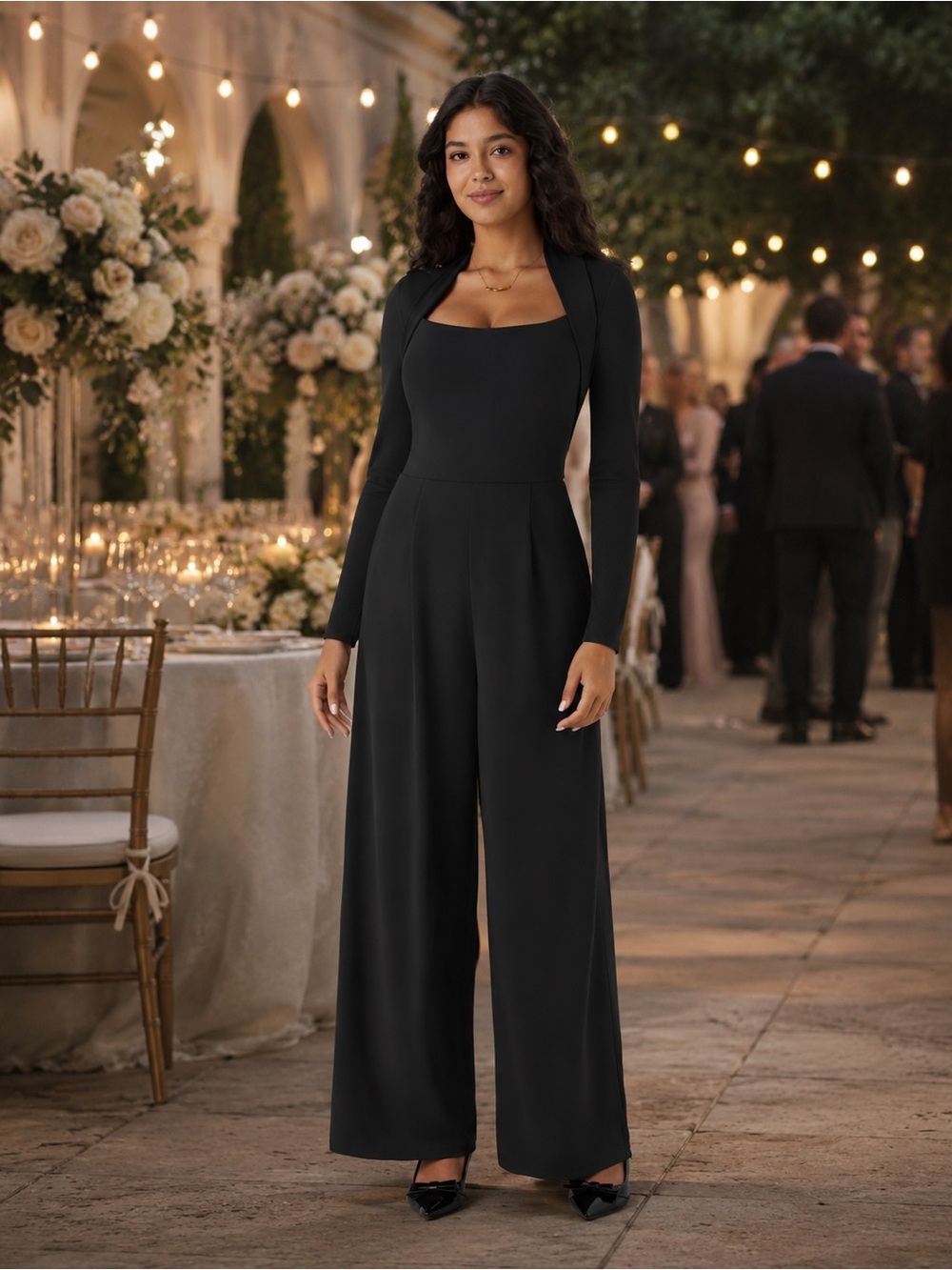 HALARA Black Long-Sleeve Wide-Leg Jumpsuit